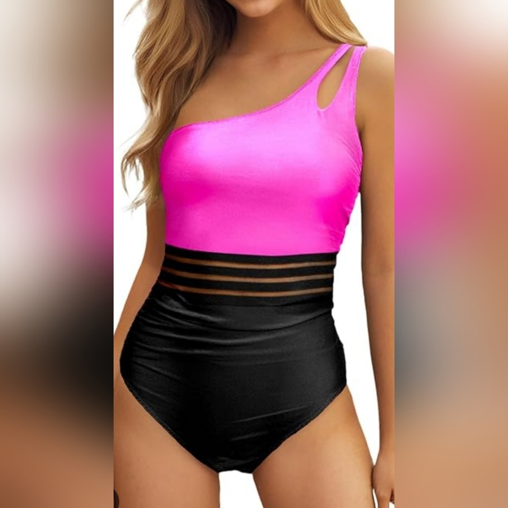 HOLIPICK Pink and Black One-Shoulder Swimsuit L